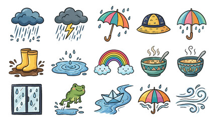 Naklejka premium A collection of charming cartoon illustrations depicting various aspects of rainy weather and its associated elements, including clouds, umbrellas, rain boots, and a rainbow.