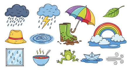 Obraz premium A collection of colorful cartoon illustrations depicting various elements associated with rainy weather and its effects.