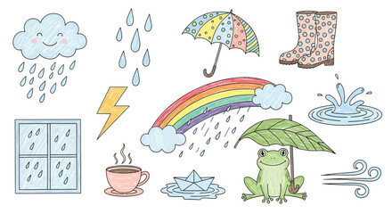 Obraz premium A whimsical collection of hand-drawn weather-related illustrations, featuring a smiling cloud, raindrops, a rainbow, a frog with an umbrella, and a cup of hot beverage.