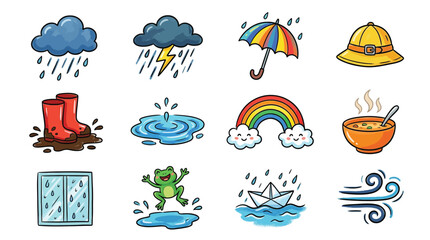 Obraz premium A collection of charming cartoon illustrations depicting various weather phenomena and activities associated with rain and a rainbow.