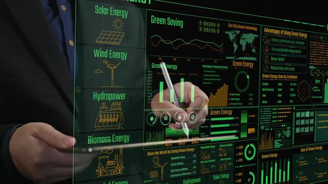 Explore the dynamic world of green energy with digital displays featuring data on solar, wind, biomass, and hydropower. A sustainable future starts here. Cipher