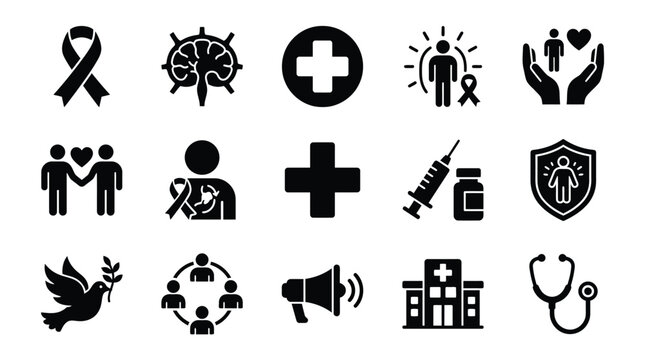Collection of medical and healthcare-related icons, including symbols for awareness, support, and treatment.