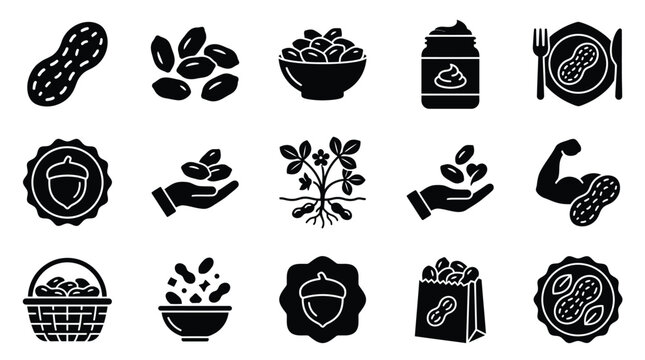 Collection of black and white icons representing peanuts in various forms and contexts, including whole peanuts, shelled nuts, peanut butter, and peanut plants.