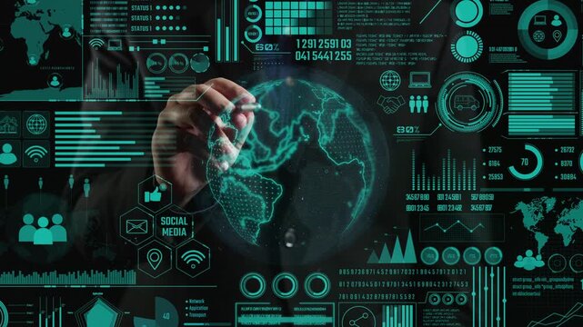 A striking representation of global communication networks featuring a hand interacting with a digital globe and data analytics, ideal for tech and innovation themes. Cipher