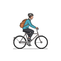 Naklejka premium Man riding a bicycle with a backpack, wearing a helmet, side view illustration.