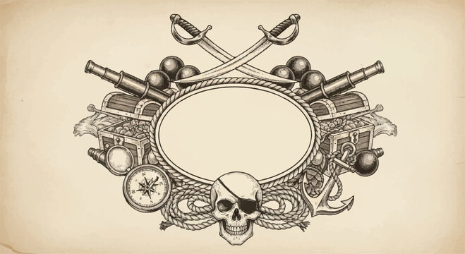 Vintage pirate emblem with skull swords cannons compass skull and crossbones hand drawn nautical maritime adventure illustration danger symbol