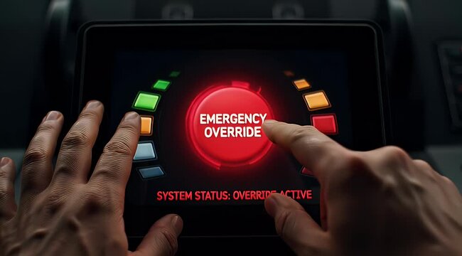 Hands Activating Emergency Override on Digital Touchscreen Interface with Critical System Status Warning and Red Alert Gauge
