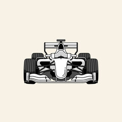 Fototapeta premium Monochrome illustration of a Formula 1 race car, front view, isolated on beige background.