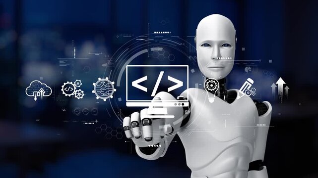 A robotic humanoid figure engages with a digital interface filled with technology icons, representing data analysis, programming, and innovative solutions in a modern environment. Synapse