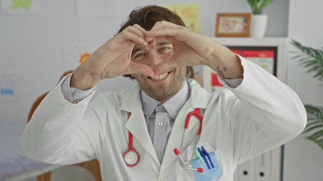Man doctor in building forms heart with hands and holds stethoscope while smiling toward camera; compassion care kindness.