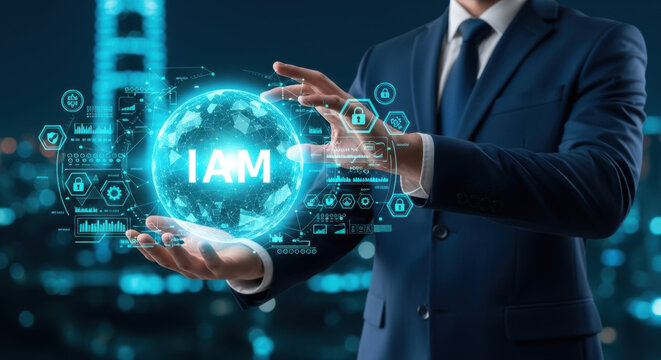 Businessman holding global IAM network and identity management, access control, cybersecurity solutions, authentication systems, secure logins, enterprise protection, user management, digital security