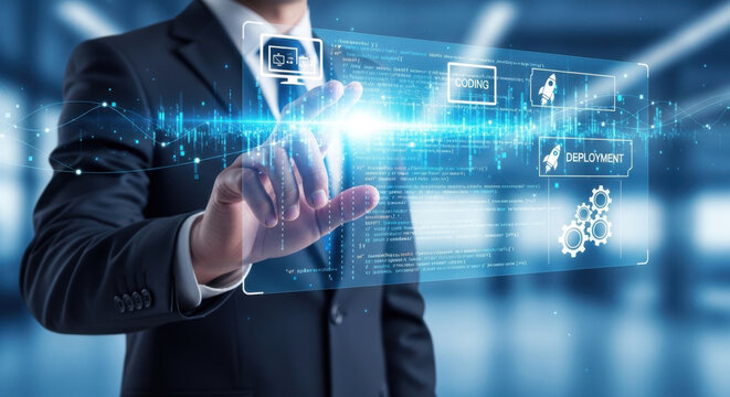 Businessman pointing at software development technology on futuristic digital interface screen, coding platform, application design system, IT solution innovation concept 