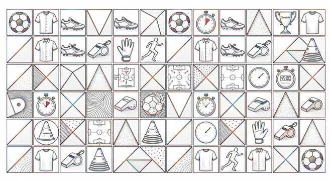 Monochrome vector soccer icon set in line art style, featuring ball, goal, net, player, jersey, cleats, trophy, whistle, cones, tactics board, arrows sports kit on white background.
