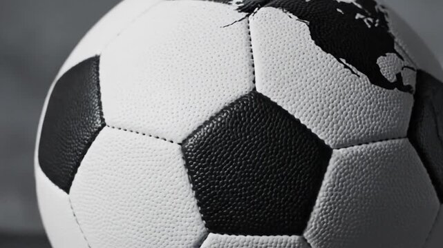 A leather soccer ball with classic white and black panels is isolated as a round sphere object on a dark background for sports competition equipment