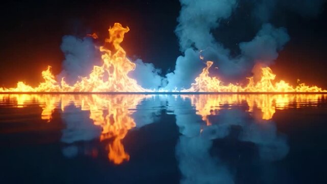Fiery flames reflect in still water, contrasting with cool clouds above