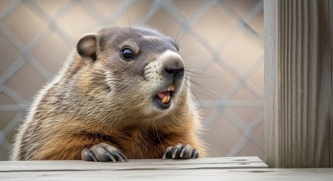 Curious Groundhog Peeking Over Wooden Surface with Wire Fence Background