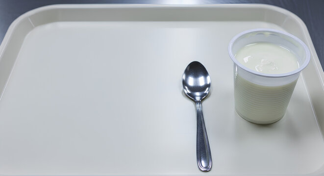 Single plain yogurt cup with a small spoon placed on the right third of a standard company refectory tray, large empty left tray area used as negative space.