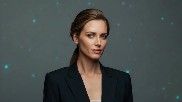 Confident professional woman portrait studio with soft lighting, neutral background, poised
