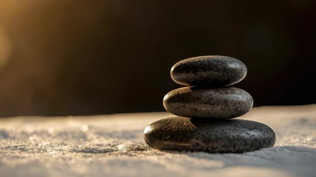 Smooth zen pebble stack balance with smooth stone stacks and warm golden steam light
