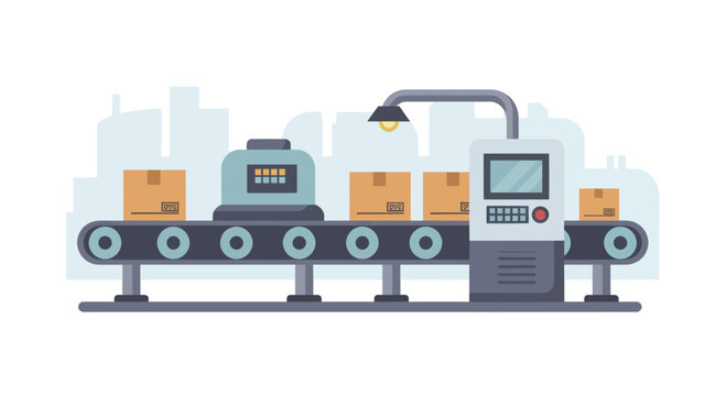 Automated Conveyor Belt System with Packages in a Factory Setting.