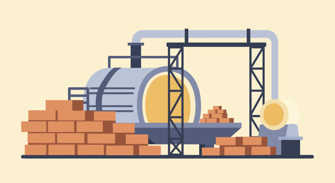 Industrial brick production factory with kiln and stacked bricks.