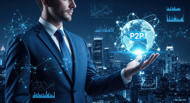 Businessman holding global Peer-to-Peer network and decentralized communication, P2P sharing, blockchain integration, digital collaboration, distributed systems, secure data exchange