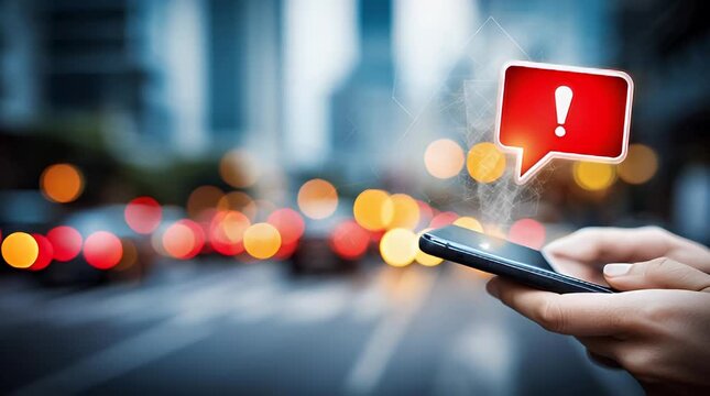 Urgent notification alert on smartphone screen with an exclamation point icon displayed against a blurred city lights background representing immediate communication and digital alerts