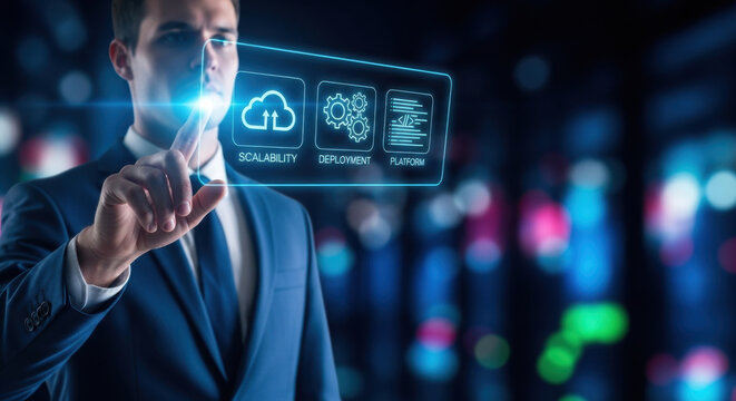 Businessman pointing at PaaS technology on futuristic digital interface screen, cloud application platform, software development system, enterprise IT solution concept