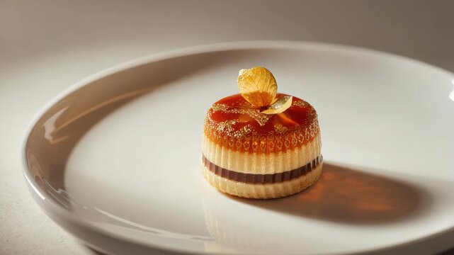 Delicate layered mousse dessert with glossy caramel glaze, physalis garnish and elegant plated