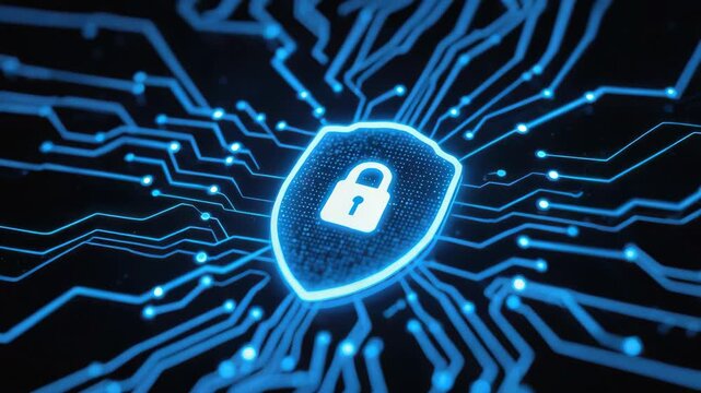 Digital cyber security shield lock glowing circuit network icon symbolizing secure protection