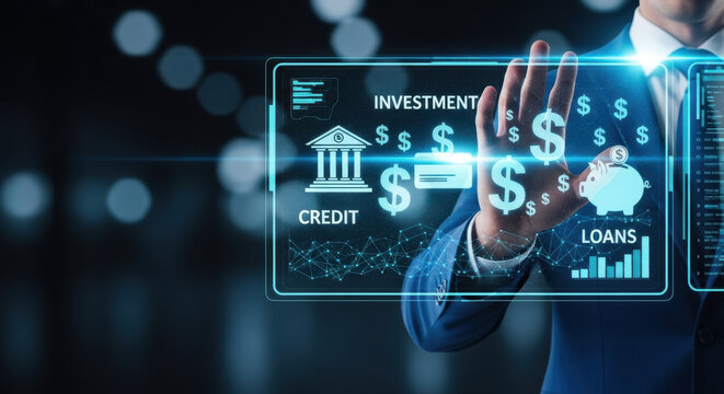 Businessman pointing at corporate banking technology on futuristic digital interface screen, financial services innovation, digital transaction system, enterprise finance concept