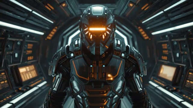 Futuristic armored astronaut helmet and glowing visor metallic spaceship corridor, confident stance