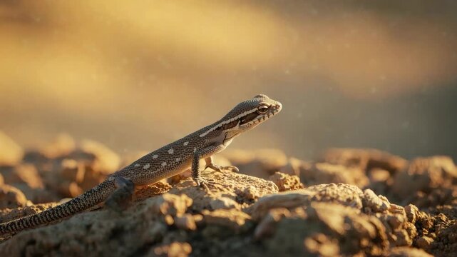 Sunlit golden desert reptile lizard basking on warm rocky ground with calm atmosphere