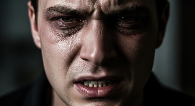 Intense Portrait of a Crying Man in Dramatic Lighting.