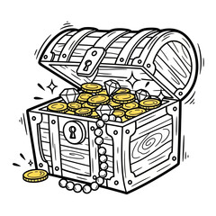 Open Treasure Chest Filled with Gold Coins and Jewels. © eka