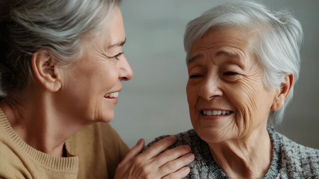 Elderly woman companion smiling with comforting hand shoulder during warm affectionate close