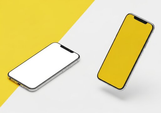Two modern smartphones with blank screens are arranged on a split yellow and white background.