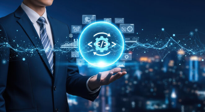 Businessman holding global DevOps network and CI/CD solutions, software deployment, automation workflows, system integration, team collaboration, cloud infrastructure, agile development 