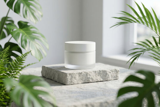 Minimal Product Podium with Green Plants and Natural Light, Clean Mockup
