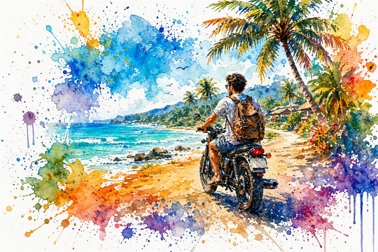 Watercolor Traveler with Motorcycle on Tropical Beach, Color Splash Style, AI Generated

Description