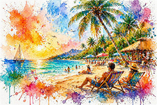 Watercolor Motorcycle Ride Along Tropical Beach Road, Travel Adventure, AI Generated