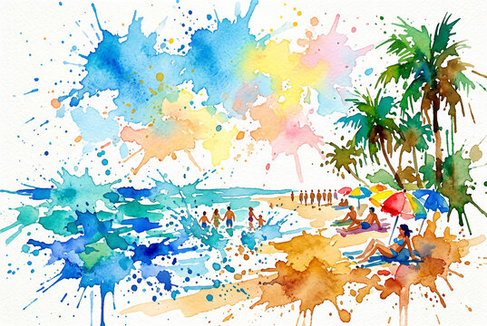 Watercolor Tropical Beach Vacation Scene with Palm Trees and Splash Colors, AI Generated