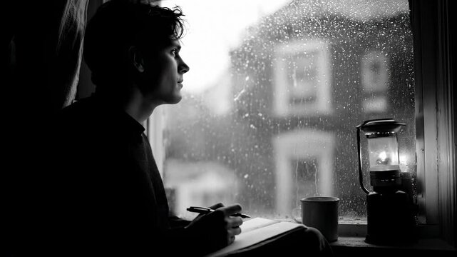 Young Man Writing in Journal by Window on Rainy Day, Illuminated by Lantern