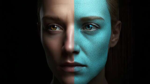 Female portrait face split half face blue paint split between natural skin and blue textured paint
