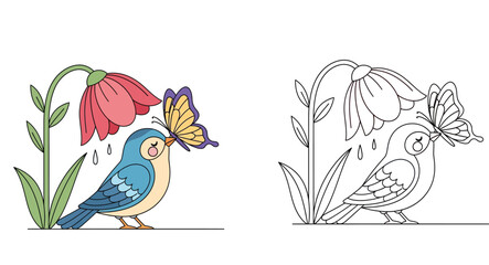 Naklejka premium Cute Bird and Butterfly with Flower Vector Illustration - Charming Nature Scene for Coloring