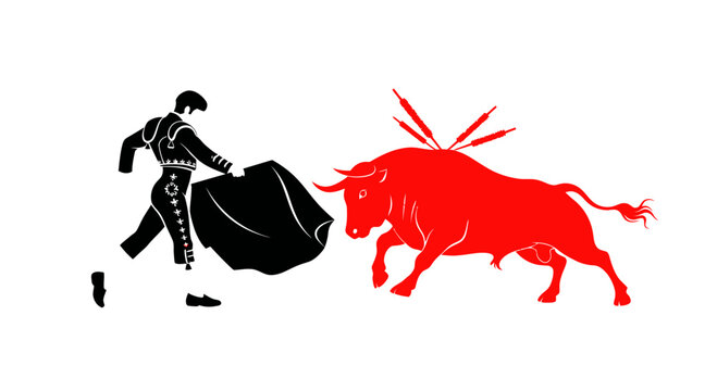 Matador and Bull Fight Silhouette, Spanish Bullfighting Culture, Red Bull Charge