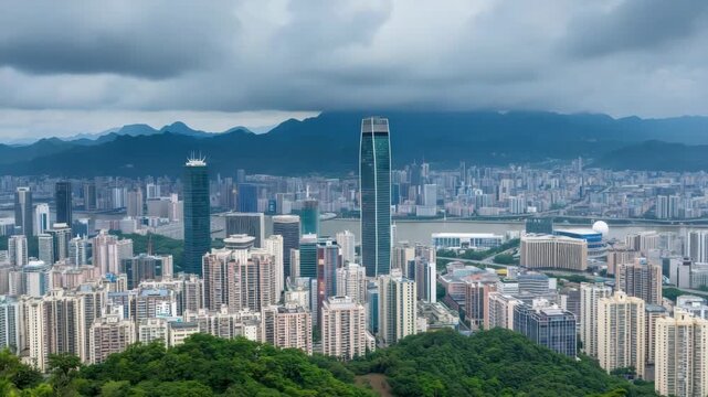Modern skyline riverfront with glass skyscraper, mountain backdrop and dramatic cloudy cityscape