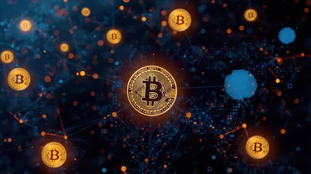Golden cryptocurrency coin glowing over connected digital blockchain network map, futuristic