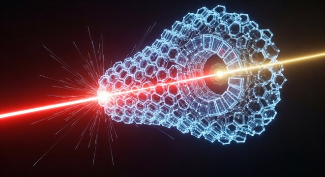 Futuristic energy beam interacting with a complex technological structure, depicting advanced scientific research and innovation in a digital rendering