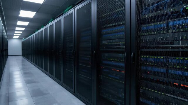 High tech server rack network aisle in data center corridor with illuminated blue indicator lights